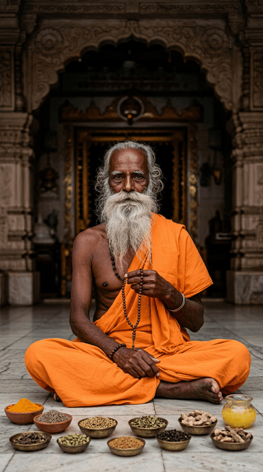 Vaidya em meditação no templo, com temperos ayurvédicos à frente