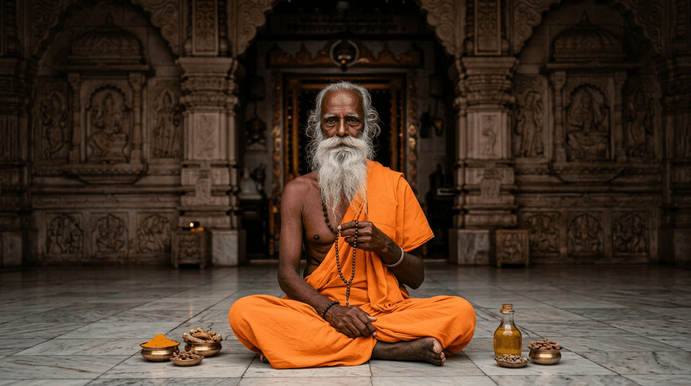 Vaidya sentado em templo tradicional, entre tigelas de temperos e óleo